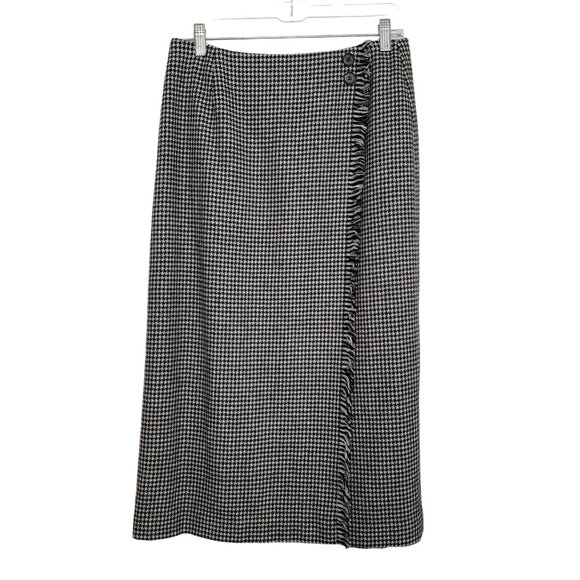 Talbots Faux Wrap Midi Skirt 100% Wool Houndstooth Lined Classic Womens Size 12 - Picture 1 of 9
